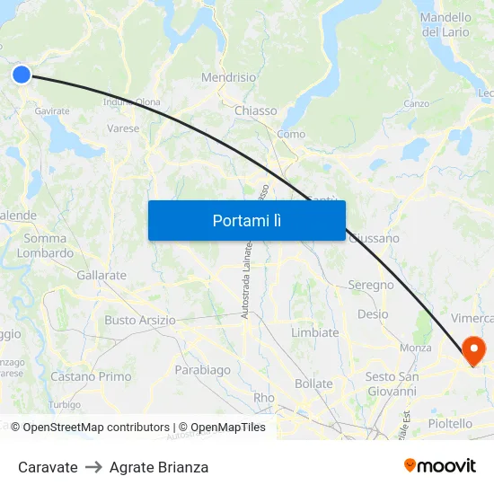 Caravate to Agrate Brianza map