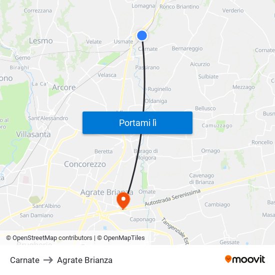 Carnate to Agrate Brianza map