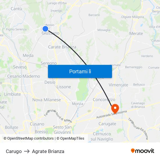 Carugo to Agrate Brianza map