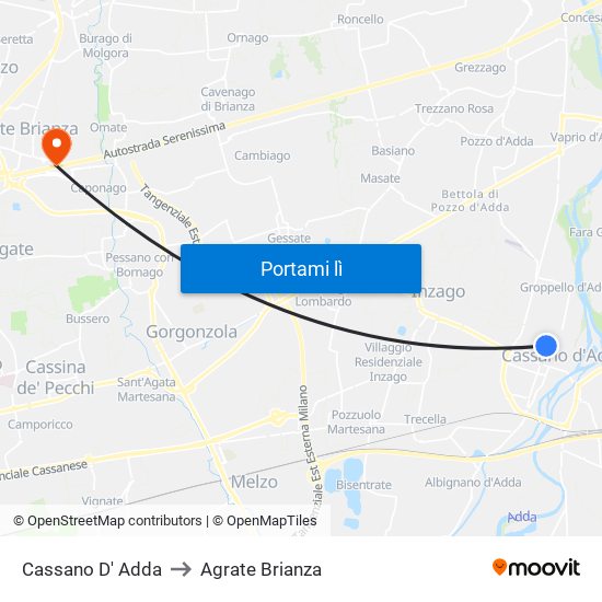 Cassano D' Adda to Agrate Brianza map