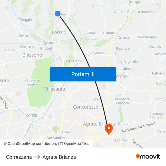 Correzzana to Agrate Brianza map