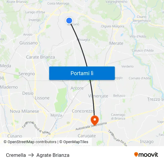 Cremella to Agrate Brianza map
