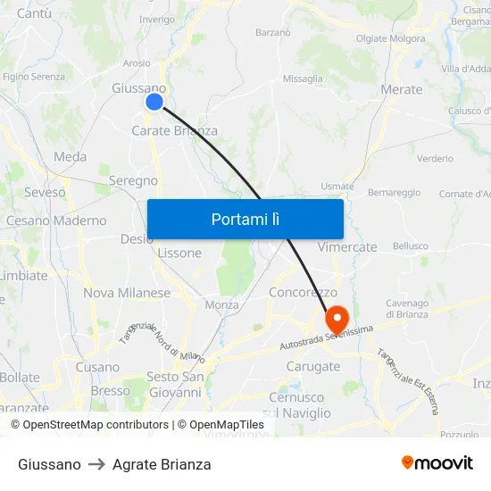 Giussano to Agrate Brianza map