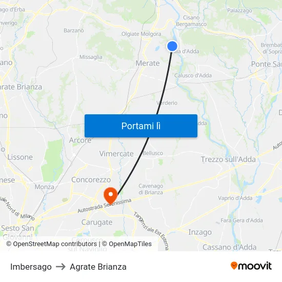 Imbersago to Agrate Brianza map