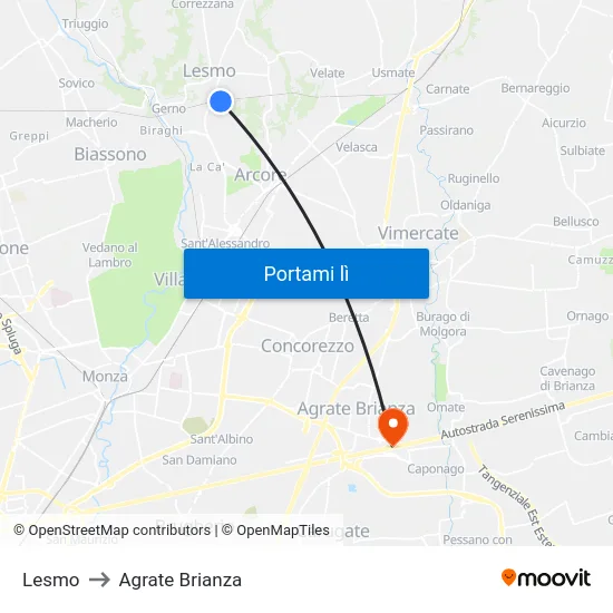 Lesmo to Agrate Brianza map