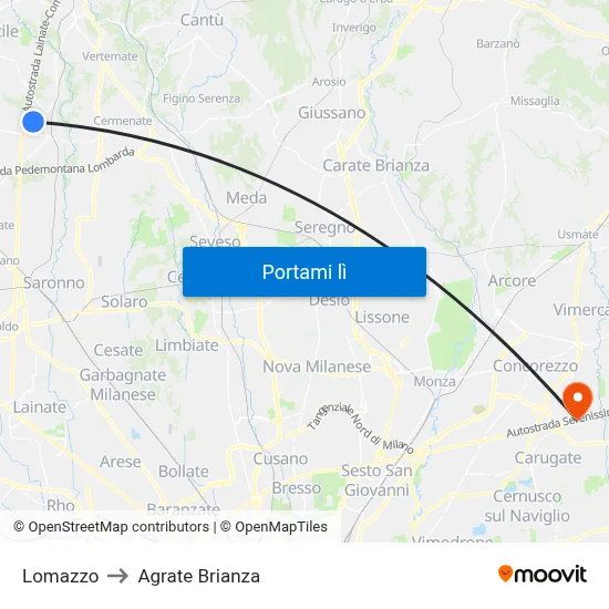 Lomazzo to Agrate Brianza map