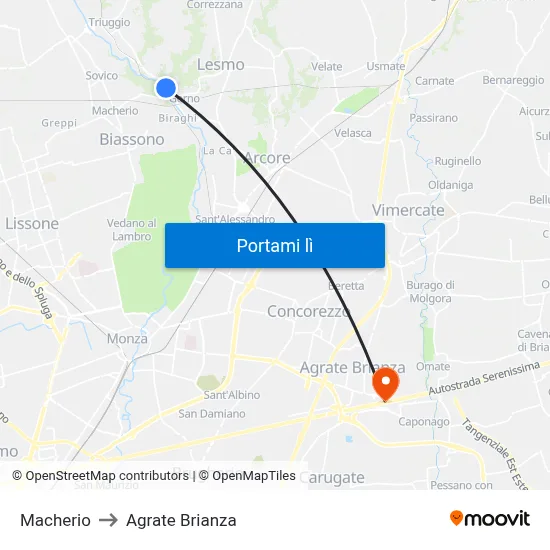 Macherio to Agrate Brianza map