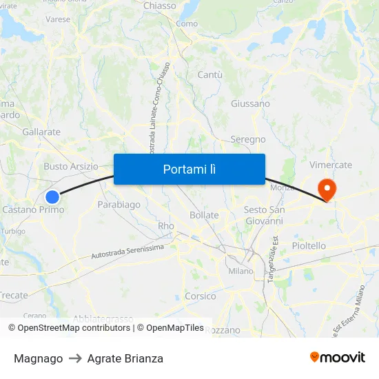 Magnago to Agrate Brianza map
