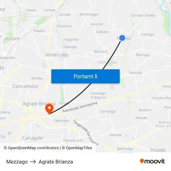 Mezzago to Agrate Brianza map