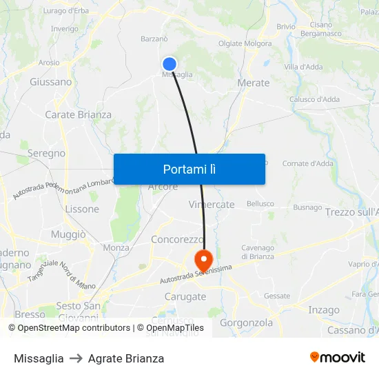 Missaglia to Agrate Brianza map