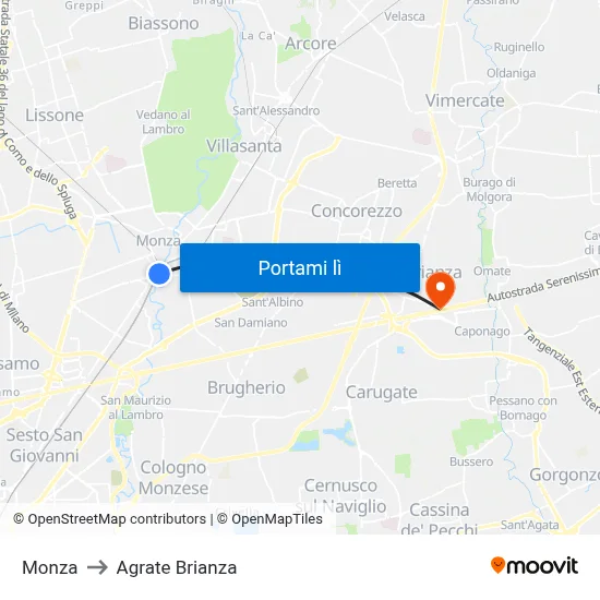 Monza to Agrate Brianza map