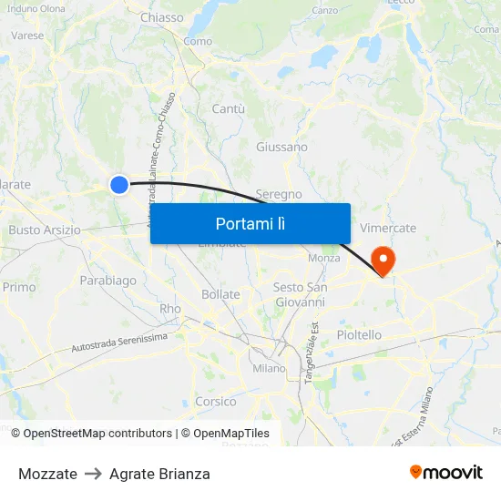 Mozzate to Agrate Brianza map