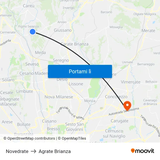 Novedrate to Agrate Brianza map