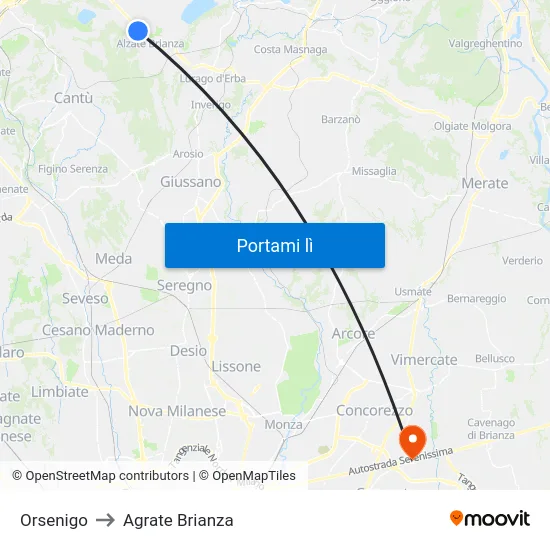 Orsenigo to Agrate Brianza map