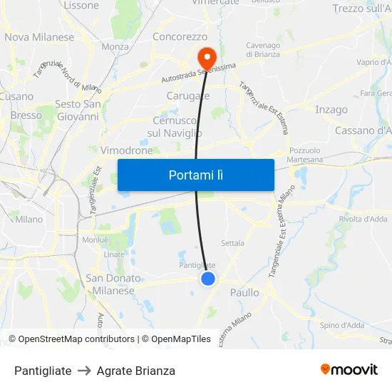 Pantigliate to Agrate Brianza map