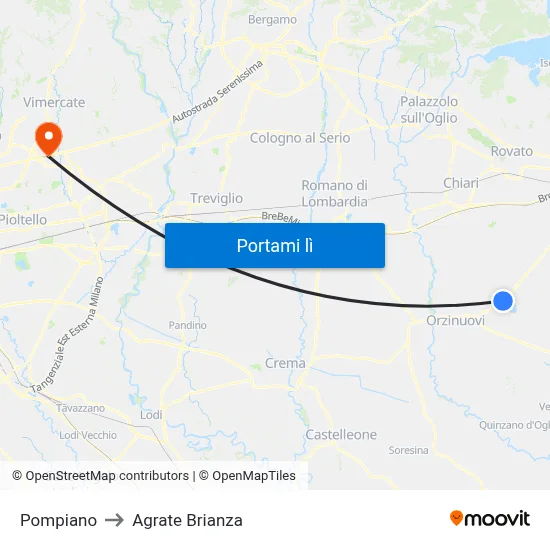 Pompiano to Agrate Brianza map