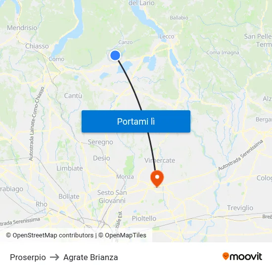 Proserpio to Agrate Brianza map