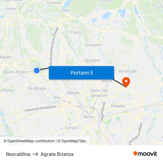 Rescaldina to Agrate Brianza map