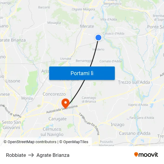 Robbiate to Agrate Brianza map