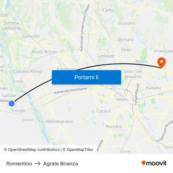 Romentino to Agrate Brianza map