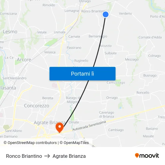 Ronco Briantino to Agrate Brianza map