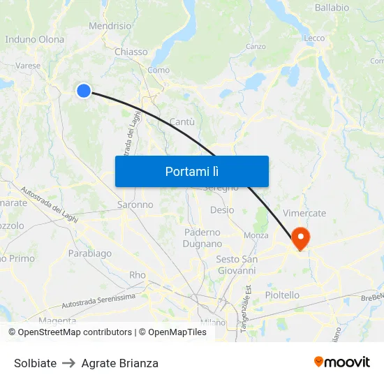 Solbiate to Agrate Brianza map