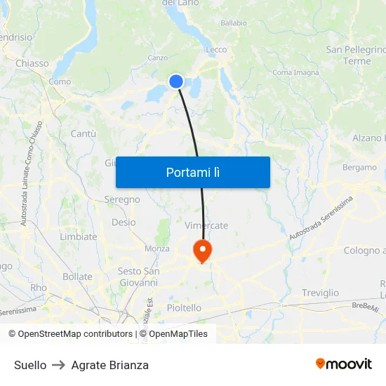 Suello to Agrate Brianza map