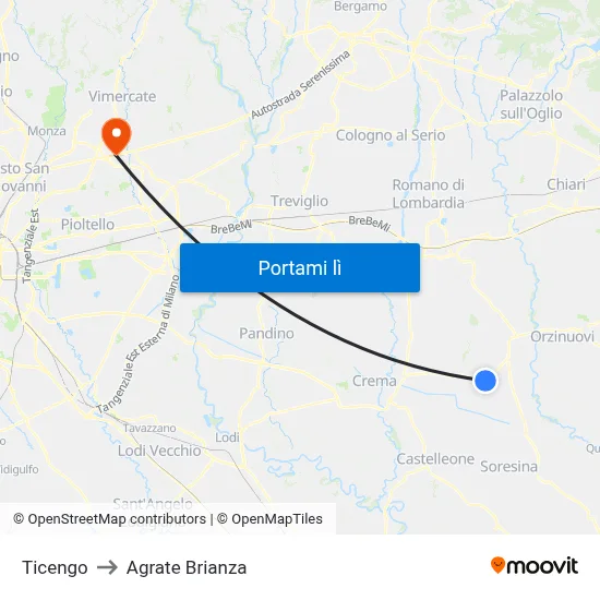 Ticengo to Agrate Brianza map