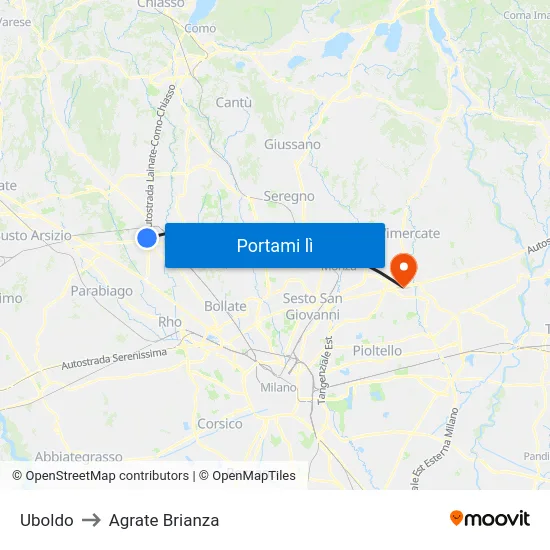 Uboldo to Agrate Brianza map