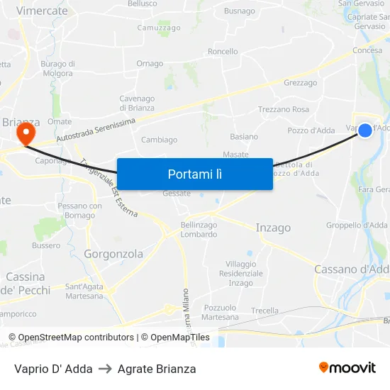 Vaprio D' Adda to Agrate Brianza map