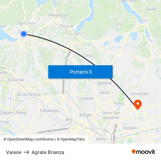 Varese to Agrate Brianza map