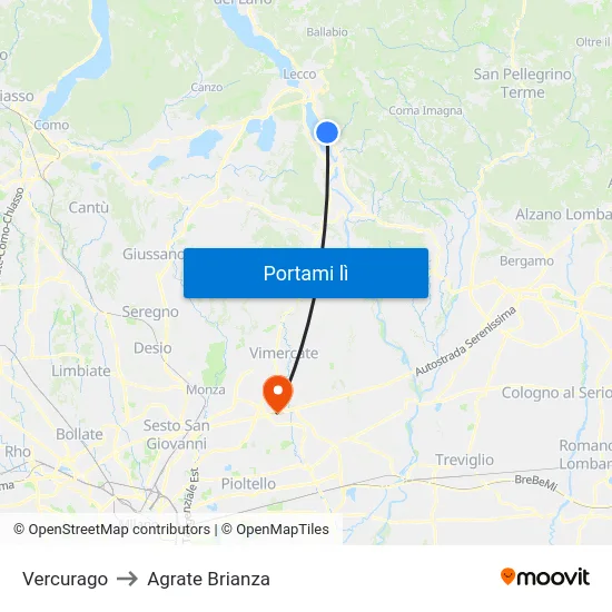 Vercurago to Agrate Brianza map