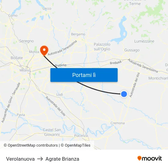 Verolanuova to Agrate Brianza map