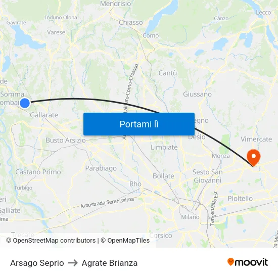 Arsago Seprio to Agrate Brianza map