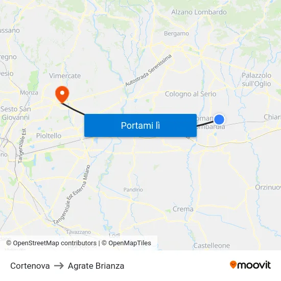 Cortenova to Agrate Brianza map