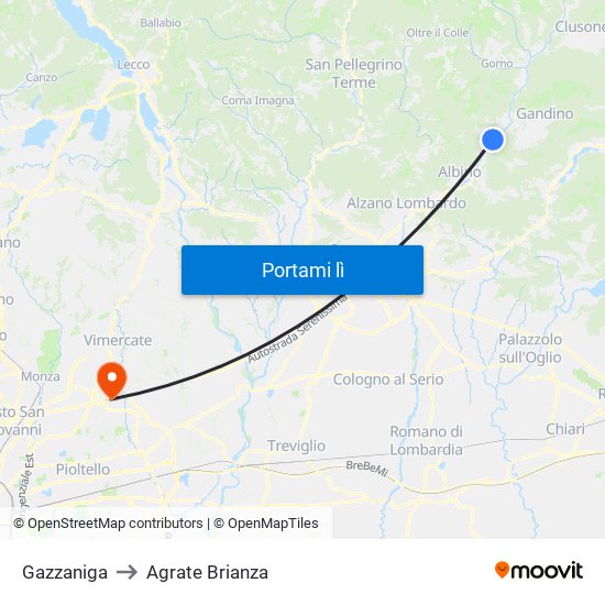 Gazzaniga to Agrate Brianza map