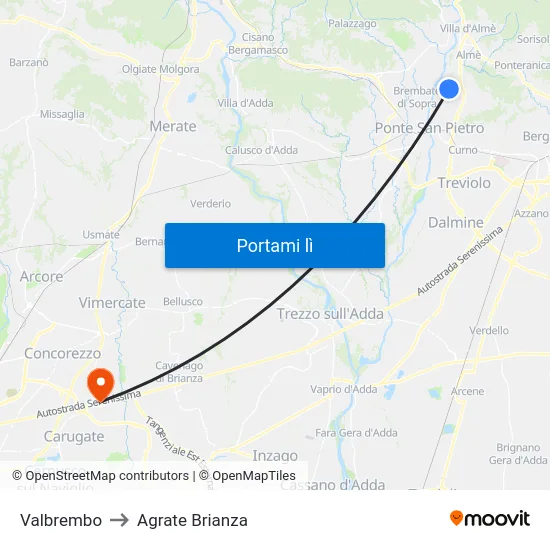 Valbrembo to Agrate Brianza map