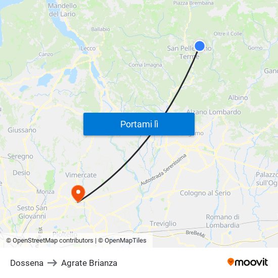Dossena to Agrate Brianza map