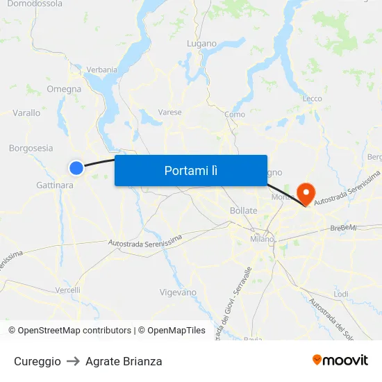 Cureggio to Agrate Brianza map