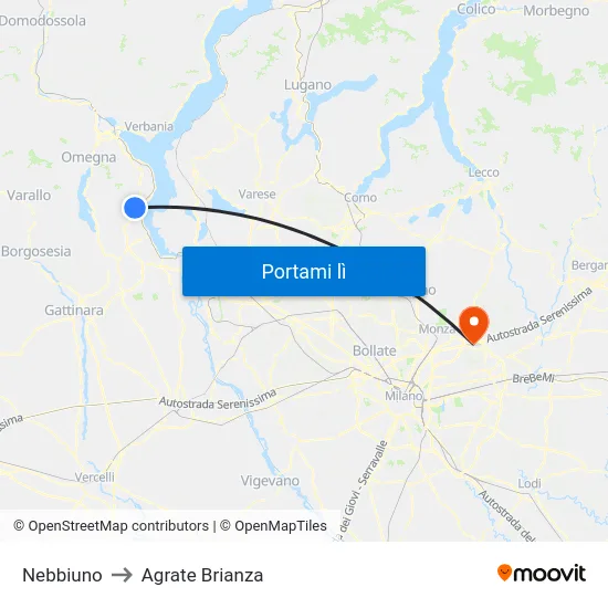 Nebbiuno to Agrate Brianza map