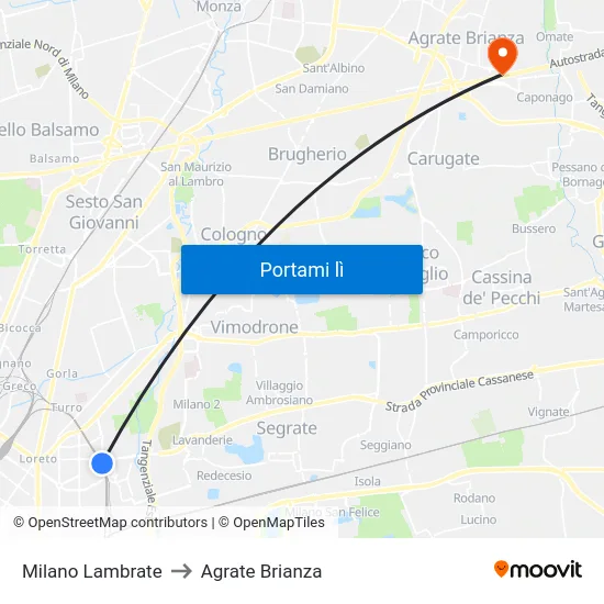 Milano Lambrate to Agrate Brianza map