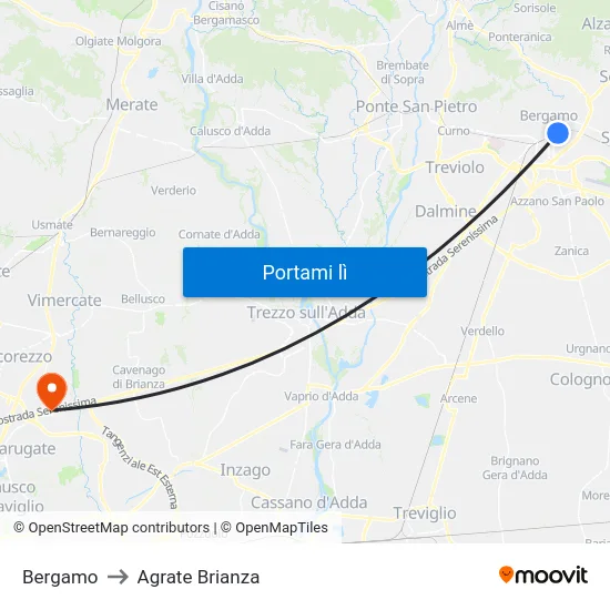 Bergamo to Agrate Brianza map
