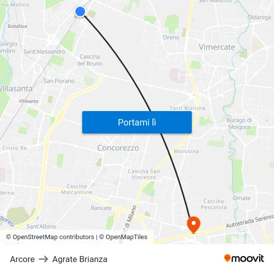 Arcore to Agrate Brianza map