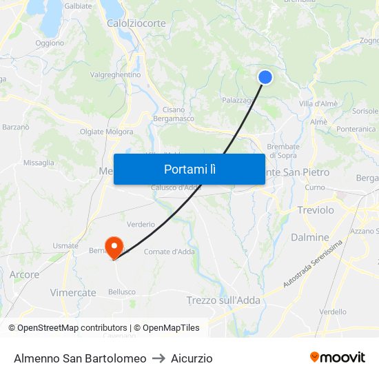 Almenno San Bartolomeo to Aicurzio map