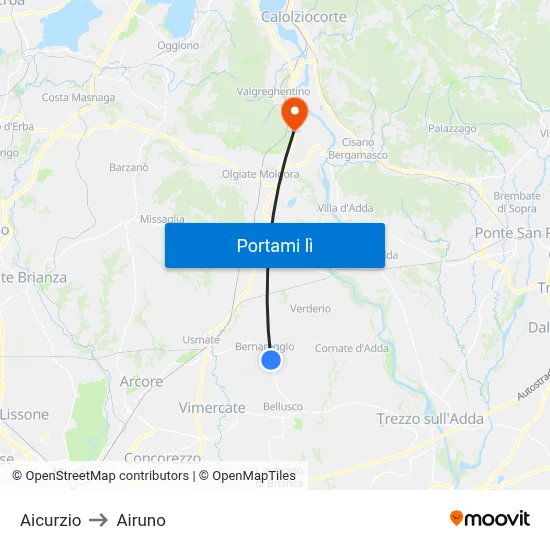 Aicurzio to Airuno map