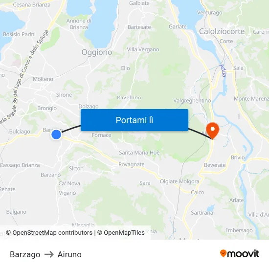 Barzago to Airuno map