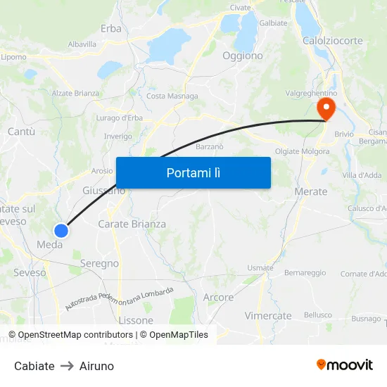 Cabiate to Airuno map