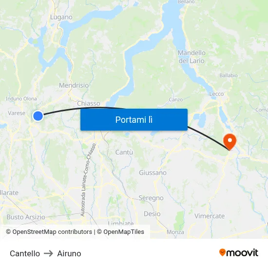 Cantello to Airuno map
