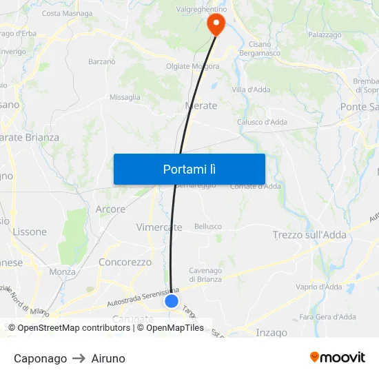 Caponago to Airuno map