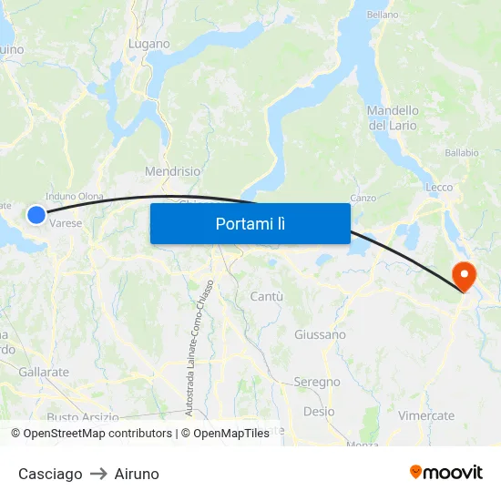 Casciago to Airuno map